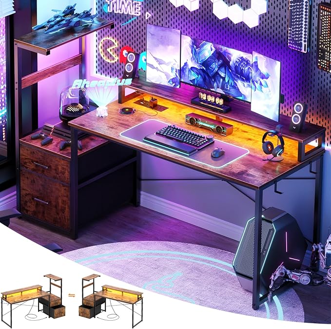 Aheaplus Gaming Desk with LED Strip & Power Outlet, 59Inch Reversible Computer Desk with Monitor Stand & Storage Shelves, Home Office Desks with Fabric File Drawer, Gamer Table PC Desk, Rustic Brown