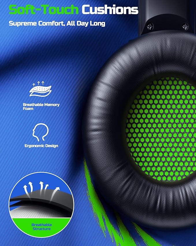 BINNUNE Wireless Gaming Headset — 2.4GHz Low-Latency USB Dongle + Bluetooth, 50mm Drivers 7.1 Surround, Noise-Cancelling Mic, 40H Battery — Over Ear Wireless Headphones for PS5, PC, Laptop, Green