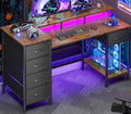 Korfile 47 Inch Gaming Desk with Power Outlets and LED Lights, Reversible Computer Desk with 5 Fabric Storage Drawers, Home Office Desk with Monitor Stand for Working Writing Study, Rustic Brown