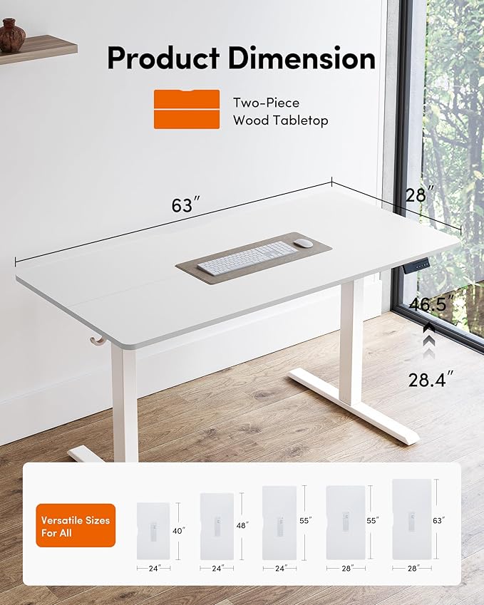 Cubiker Standing Desk, 63x28 Inches Sit Stand Home Office Desk, Electric Stand up Desk, Adjustable Desk with Splice Board, White Frame/White Top