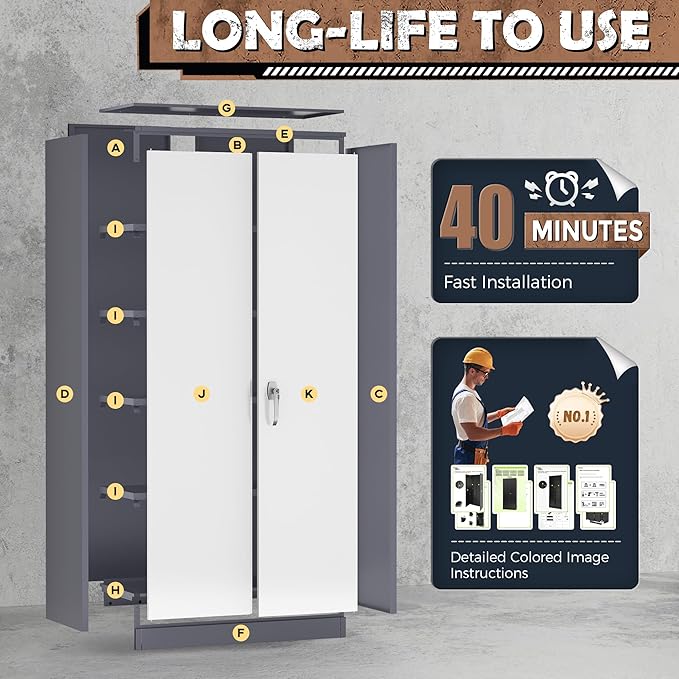 INTERGREAT Metal Storage Cabinet, 72” H Storage Cabinet with 2 Doors and 4 Adjustable Shelves for Office, Home, Garage, Pantry (Assembly Required, Grey White)