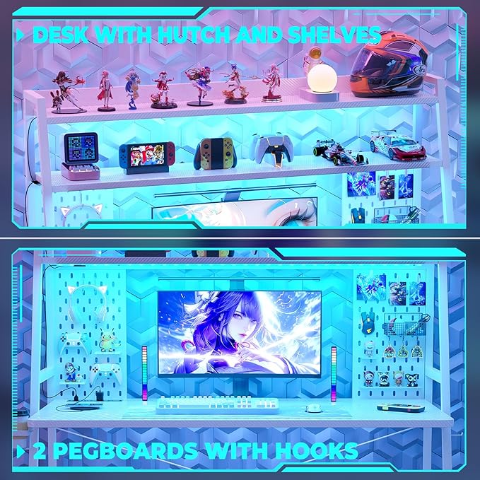 Besiost Gaming Desk with Hutch and LED Lights, Gaming Computer Desk with Power Outlets, Gamer Desk with Storage Shelves, PC Game Desk with Pegboards for Bedroom, Carbon Fiber White, 49"
