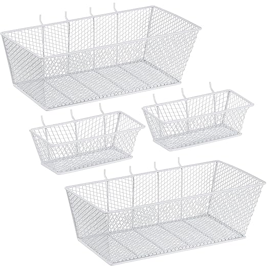 Sieral 4 Pcs Pegboard Baskets Metal Wire Shelf Baskets Peg Board Organizer Accessories Wall Mount Organizer Attachments for Garage Workbench Various Tool Accessories, 2 Sizes (White,Small, Large)