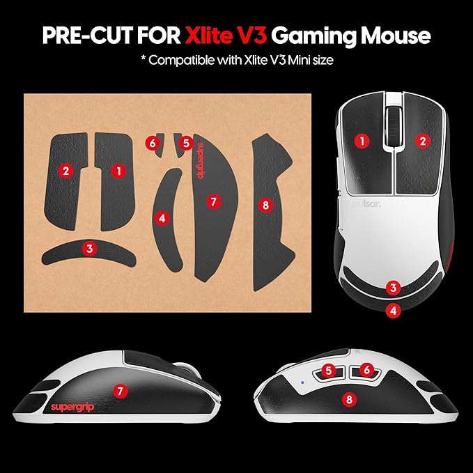 Pulsar Gaming Gears SUPERGRIP Griptape Set for Xlite v3 mini Sweat Absorbing High Performance Anti Slip 3M Adhesive no Residue Mouse Grip Tape Ultra-Thin 0.5mm (0.02in)