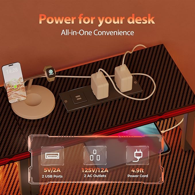 Mericonia Computer Desk 63 inch with Power Outlets & LED Lights, Gaming Desk with 3 Drawers for Home Office, Small Desk with Monitor Stand for Small Spaces, Study Writing Desk