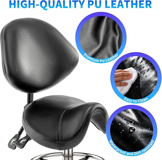 Saddle Chair with Back Support - Tilted Backrest, Adjustable Foot Rest, 350 LBS Capacity Ergonomic, 360° Swivel Drafting Chair for Salon, Spa, Massage, Tattoo, Facial lash, Home, Dentist (Black)