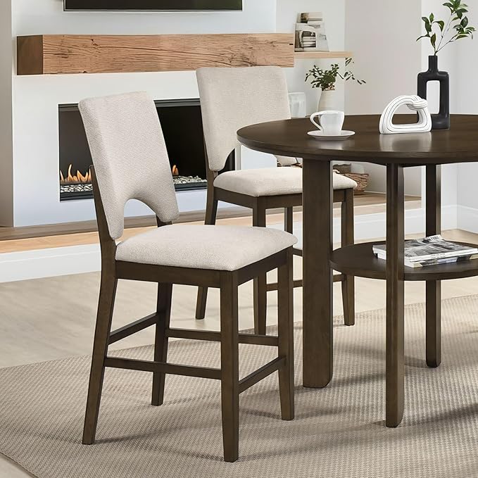 GOWE Contemporary Counter Height 5pc Dining Set Round Table with Shelf and 4X Chairs Comfort Light Beige Upholstery Dining Furniture Modern Contemporary Round Tabletop Table Base with Built-in Shelf
