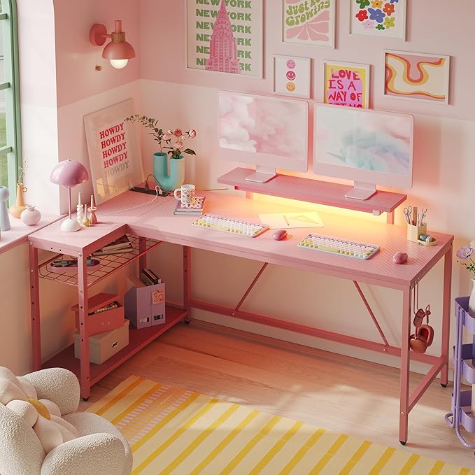 Bestier L Shaped Gaming Desk with Power Outlets,58 LED Small Corner Desk with Reversible Storage Shelves,Pink Computer Desk with Headset Hooks Desk for Living Room and Dormitory