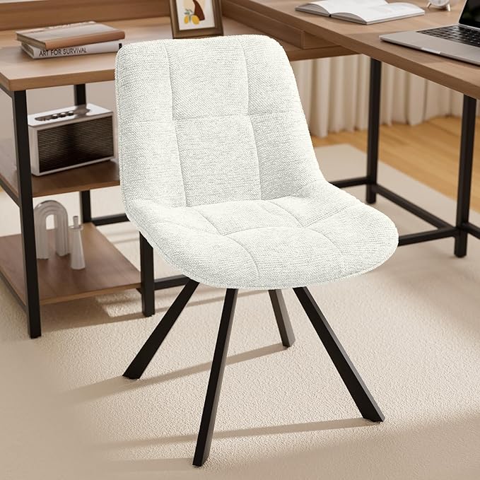 Small Desk Chair No Wheels, Swivel Velvet Vanity Chair No Arms, Armless Office Chair with Back and Metal Legs for Small Space, Bedroom, Home Office, Mid Century Modern, Cloud White