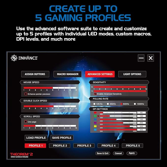 ENHANCE Theorem 2 MMO Mouse with 13 Programmable Side Buttons - RGB Gaming Mouse with 6 Customizable DPI Settings, 5 Gaming Profiles, Quick Fire Button, Wired, Ergonomic - Black