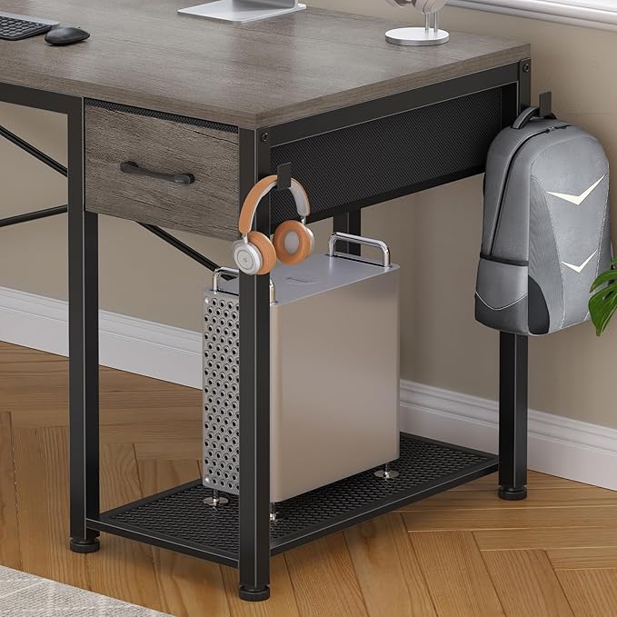 SEDETA L Shaped Gaming Desk, 51.2" Reversible Small Corner Desk with Drawer, Power Outlet & LED Lights, Computer Desk with Storage Shelves for Small Space, Grey
