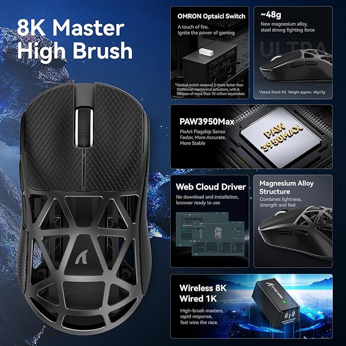 ZIYOU LANG x Attack Shark R2 Wireless Gaming Mouse, Ultra Lightweight Magnesium Alloy, PAW3950 42000 DPI Optical Sensor, 8KHz Polling Rate, BT/2.4G/Wired Programmable Mice with Grips Sticker (Black)