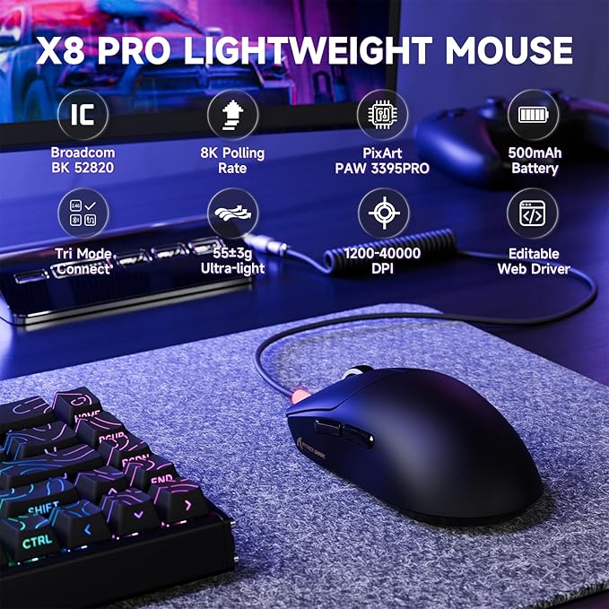 MAMBASNAKE Attack Shark X8 PRO 8K Wireless Gaming Mouse,PAW3395PRO 40K DPI Sensor,Tri-Mode Broadcom BK52820 Chip,Superlight Ergonomic Mouse for Large Hands,Cloud-Based Software,for Win/Mac(Black)