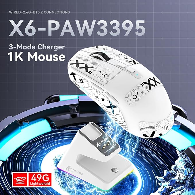 ATTACK SHARK X6 Lightweight Wireless Gaming Mouse with RGB Backlight Charging Base,Tri-Mode Wired/2.4GHz/BT5.2,26K DPI, PAW3395 Optical Sensor,HUANO Switch,5programmable Buttons,PC/Mac(White+Sticker)