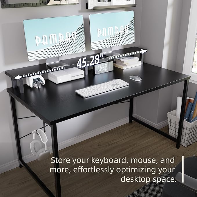 Pamray 47 Inch Small Computer Desk with Monitor Stand, Simple Office Desk with Headphone Hook for Small Spaces, Kids Study Writing Table for Bedroom, Vintage