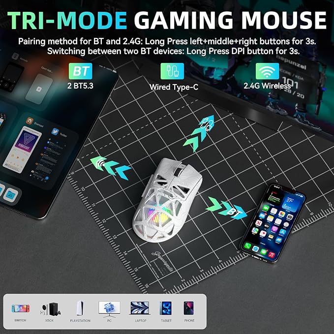 Aula SC620 Wireless Gaming Mouse, Tri-Mode 2.4GHz/USB-C/BT5.3 Computer Mouse with 12000 DPI, Programmable Macro Gamer Mouse with Rapid Fire Key, RGB Light Gaming Mice for PC/Laptop/Mac (Line White)