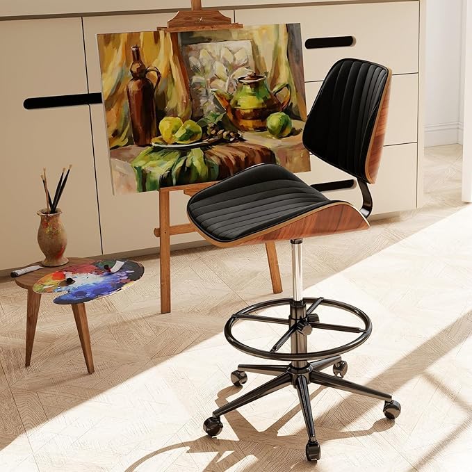 Drafting Home Office Chair, Swivel Desk Chair with Bend Wood Backrest, Ergonomic Office Chairs with Adjustable Height and Footrest Ring for Bar Lab Counter Height Desk and Drawing (Blcak)