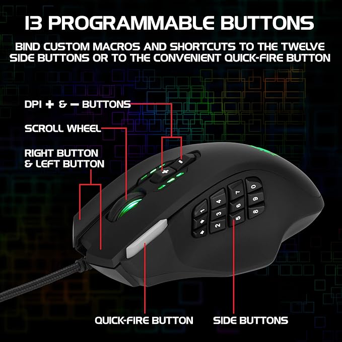 ENHANCE Theorem 2 MMO Mouse with 13 Programmable Side Buttons - RGB Gaming Mouse with 6 Customizable DPI Settings, 5 Gaming Profiles, Quick Fire Button, Wired, Ergonomic - Black
