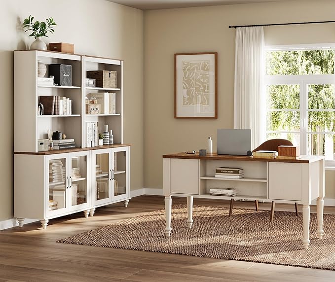 WAMPAT Home Office Furniture Set, 56" Executive Desk with Charging Station, 72" Tall Bookcase with 4 Glass Doors, Wood Computer Desk with File Cabinet Storage, Open Shelf, White