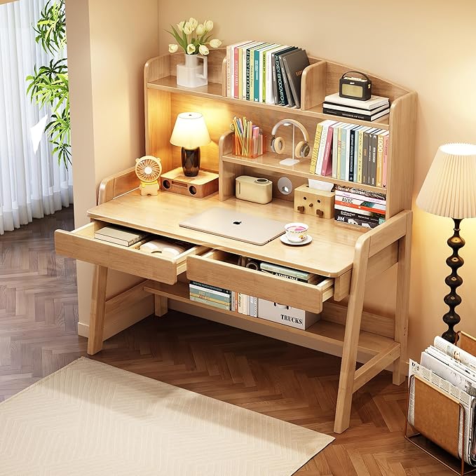 Kids Desk Kids Table Wooden Children’s Study Desk with Bookshelf＆Two Drawers Children Study＆Writing＆Computer＆Workstation for 3 and Above(Nature