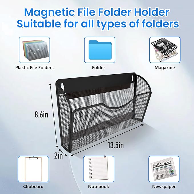 2PCS Magnetic File Holder - No Drilling Magazine Paper Document Holder, Magnetic File Paper Mail Organizer, Magnetic Hanging File Organizer for File Cabinets, Office, Whiteboard