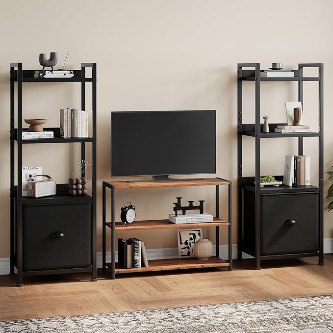 Sweetcrispy 4-Tier Bookshelf with Fabric Drawer, Wood-Metal Standing Display Shelf, Multi-Functional Organizer for Books, CDs and Movies, Suitable for Bedroom, Living Room, Black