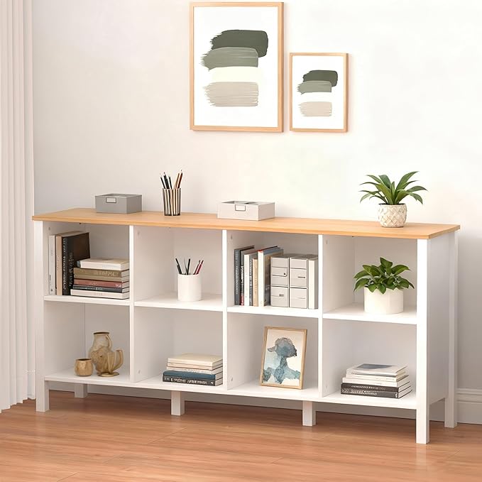 8-Cube Bookcase, Farmhouse Wooden Bookshelf Low Storage Organizer, 59" Horizontal White Console with Legs, Hallway Book Case for Entryway, Display Cabinet for Living Room (White, 8-Cube)