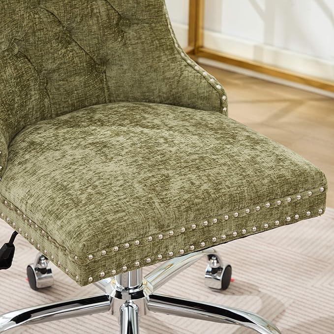 Goujxcy Desk Chair, Modern Chenille Upholstered Tufted Button Home Office Chair, 360° Swivel Armless Desk Chairs, 120°Rocking Ergonomic Computer Task Vanity Chairs, Green