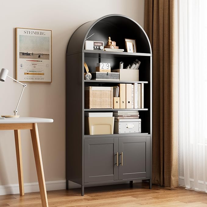 Metal Arched Bookcase Cabinet,Wide Black Arched Bookshelf with 2 Adjustable Shelf for Home Office Living Room,Required Assembly,17.7" D x 35.5" W x 78.8" H