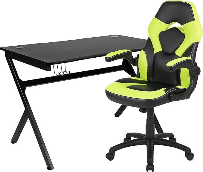 Flash Furniture Optis Black Gaming Desk and Green/Black Racing Chair Set with Cup Holder, Headphone Hook & 2 Wire Management Holes