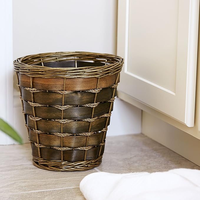 Household Essentials Haven Wicker Waste Basket, Small, Willow and Poplar Basket with Removable Plastic Liner, Handwoven, Decorative, Compact, Great for the Bathroom, Bedroom or Office, Green