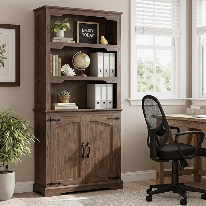 70 Inches Farmhouse Bookcase Bookshelf, Two-Tone Shelves, 5 Tier Bookshelf with Door Storage Arched Trim, Home Office Living Room Storage Cabinet Unit, 31.5x11.8 Inches (Walnut, Doors Storage)