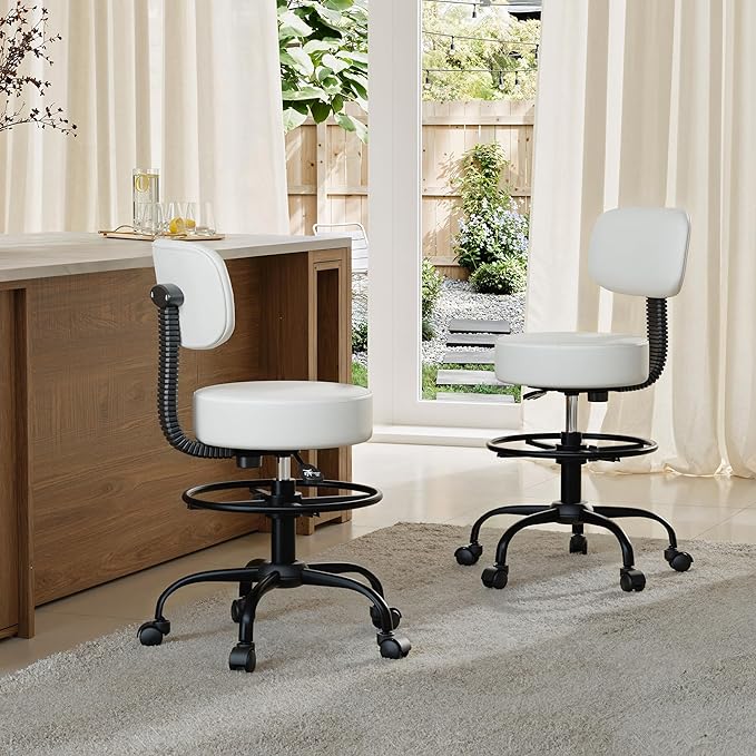 Drafting Chair with Back Support, Adjustable Foot Rest Rolling Stool, 360° Swivel Office Desk Chair with Wheels, Thick Seat Cushion for Home Bar Salon Tattoo Shop (1, White)
