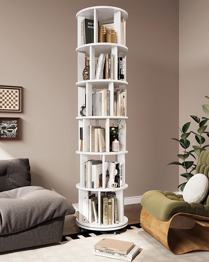 IUNVR Rotating Bookshelf, 6 Tier Solid Wood Bookshelf Tower with Lockable Wheels, 360° Spinning Revolving Bookcase for Small Spaces, Corners, Bedroom, Kids Room, Home Office, White