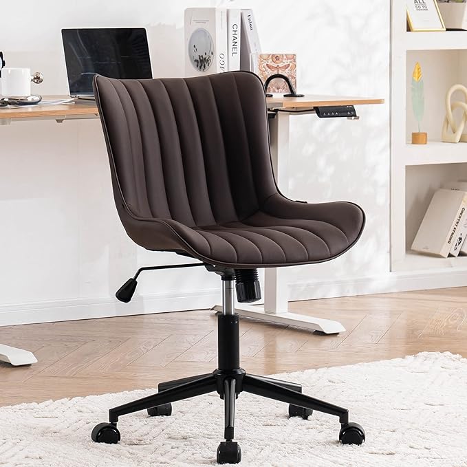 YOUNIKE Brown Ergonomic Home Office Desk Chair with Wheels Comfy Armless Vanity Chair with Back Modern Leather Upholstered Rolling Task Chair Small Cute Computer Drafting Chair Wide Swivel Adjustable