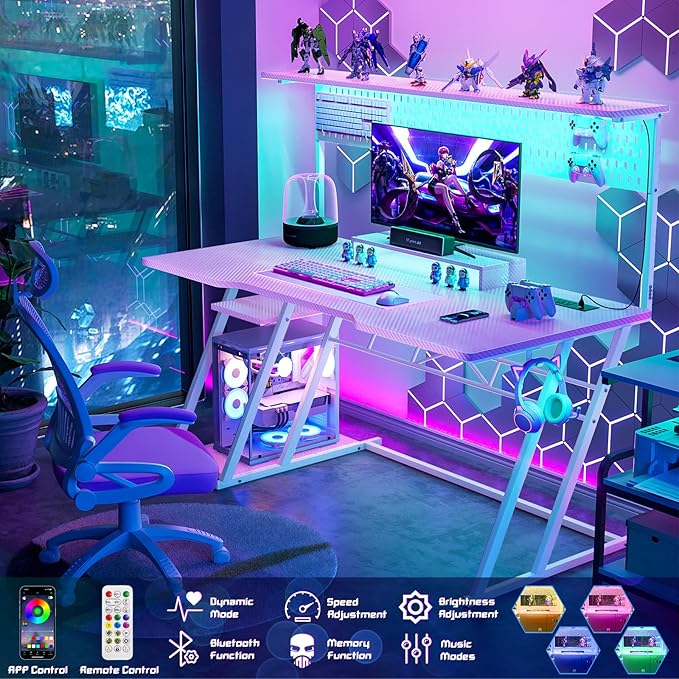 Armocity Pink Gaming Desk with Hutch and LED Lights, 53" Computer Desk with Storage Shelves, Reversible PC Gaming Desk with Pegboard, Gamer Desks for Bedroom, Carbon Fiber Surface