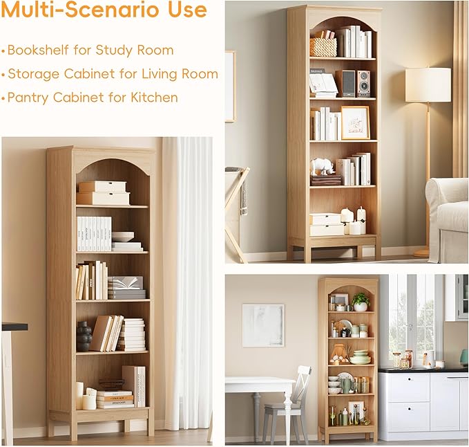 Arched Set of 2 Bookshelf with 5 Tier Open Shelves, 71" Tall Wood Bookcase with Adjustable Shelves, 24" Wide Floor Standing Display Storage Shelf for Home Office, Kitchen, Living Room, Natural Oak