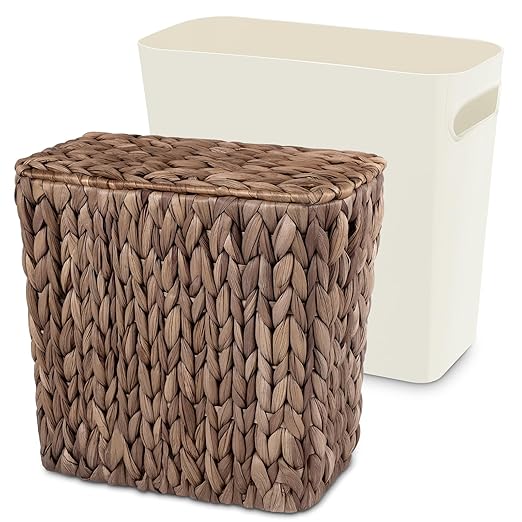 Wicker Trash Can with Lid and Liner, Handwoven Wicker Waste Basket, Water Hyacinth Bathroom Trash Can, Boho Rattan Garbage Wastebasket for Bedroom Home Living Room Office, 2.5 Gallon, Espresso