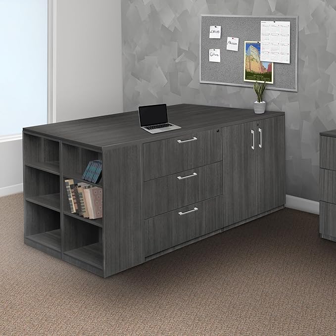 Regency Legacy Stand Up Storage Cabinet/ 3 Lateral File Quad with Bookcase End- Ash Grey