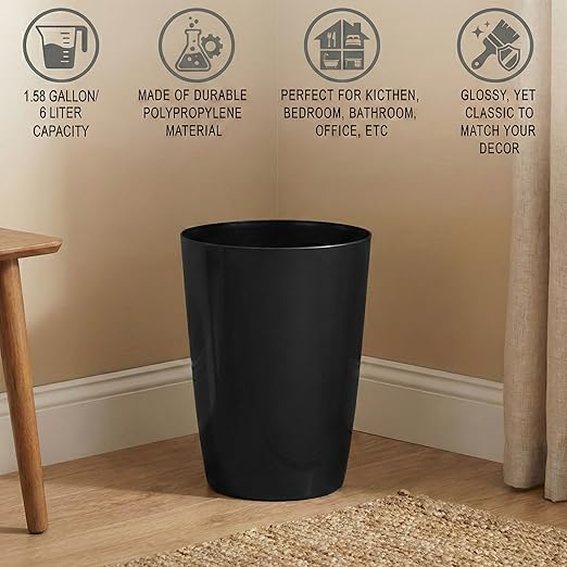 Mini Waste Basket - Durable Small Plastic Garbage Trash Can Bin - Lidless Open-Top, Slim Profile for Compact Spaces - Suitable for Home, Bathroom, Office, Bedroom, Kitchen and More, Black