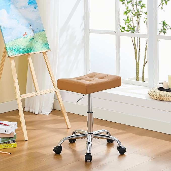 FIRAVOE Rolling Stool Adjustable Height (300lbs Capacity) (Sturdy Base) Multifunctional Nail Tattoo Vanity Massage Stool (Camel Brown)