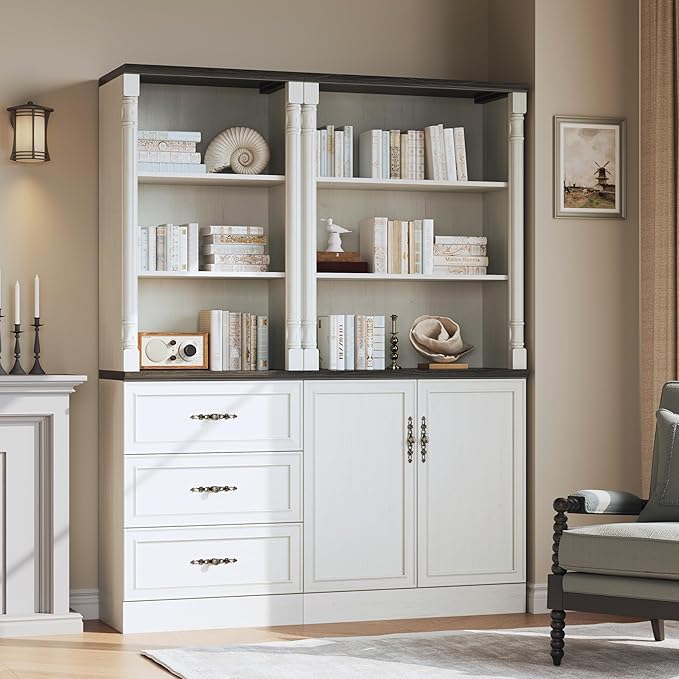 Bookshelf with Doors, 71" Tall Wood Book Shelf with Cabinet, 24" Wide Bookcase with Adjustable Shelf, Floor Standing Display Storage Cabinet for Home Office, Study and Living Room, Antique White
