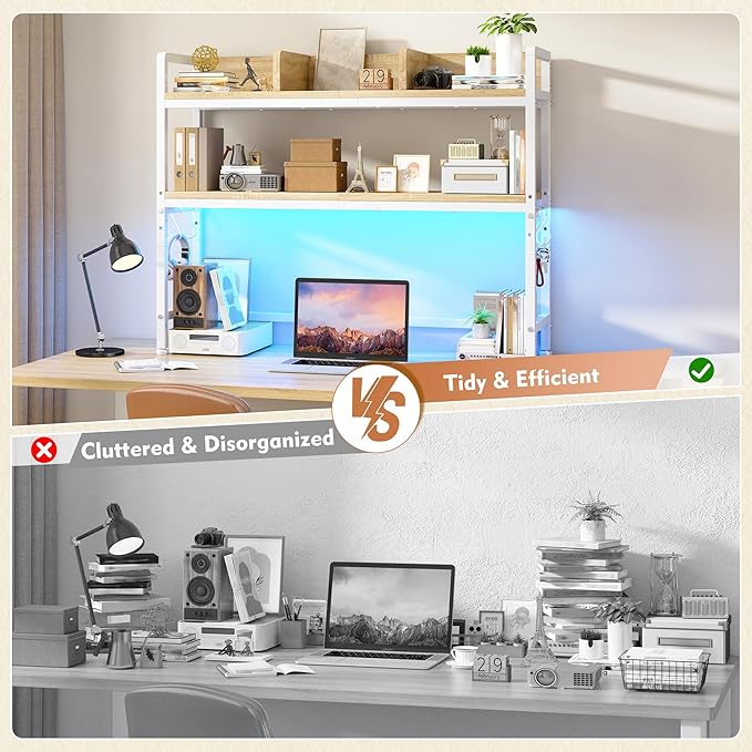 REIBII 35.5" Desk Shelf with LED Lights and Hooks,2-Tier Adjustable Multipurpose Solid Wood Desk Hutch Dorm,Desktop Organizer Rack with 3 Display Rack for Dorm,Office Home,White