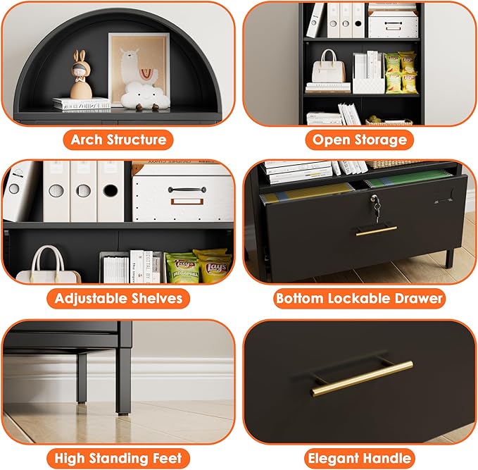Aobabo 72.8" H Metal Arched Bookcase with 2 Adjustable Shelves and 1 File Drawer for Home Office, Black,Required Assembled