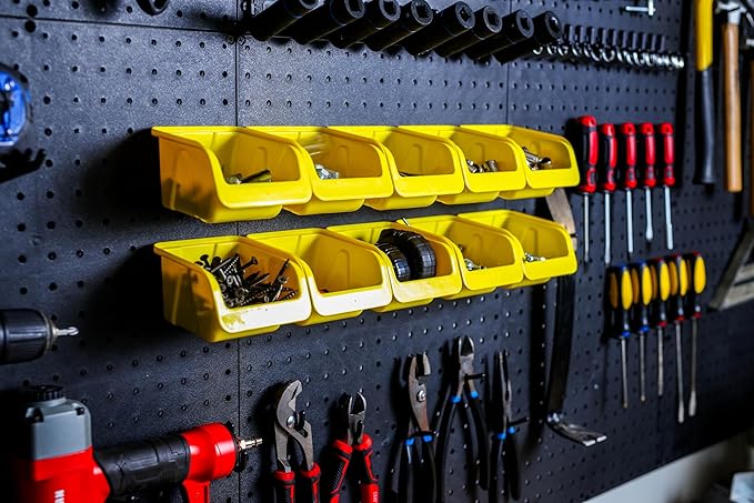 WallPeg Pegboard Organizer Bins – Durable Wall Organizer to Arrange Tools and Hardware for Peg Boards in Home, Garage, and Office (12 Count Medium Yellow Bins)