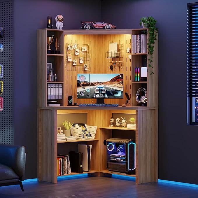 Corner Computer Desk with LED Lights, L Shaped Study Desk with Hutch & Shelves, Triangle Home Office Desk with Charging Station for Work & Study, File Cabinet Bookshelf for Small Space (Natural)