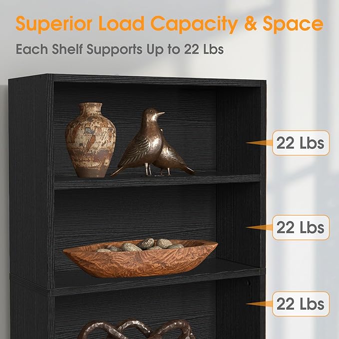 Sweetcrispy Industrial 6 Shelf Bookcase - Large 63 Inch Tall Floor Standing Open Bookshelf for Home Office, Living Room, and Bedroom Storage, Classic Black