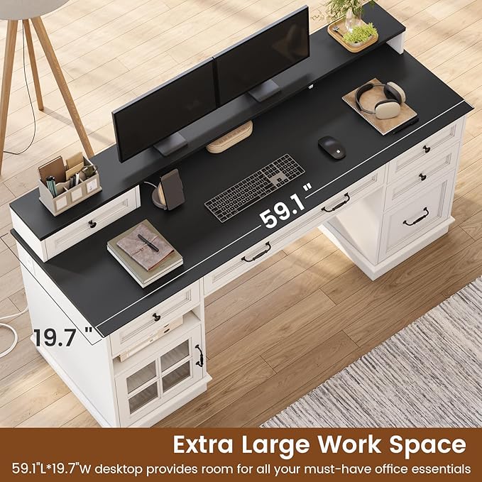 HAUOMS Farmhouse Executive Desk with Drawers Computer Desk with File Drawers, Power Outlet and Led Lights, Executive Office Desk with Storage Cabinet and Monitor Shelf for Home Office, White