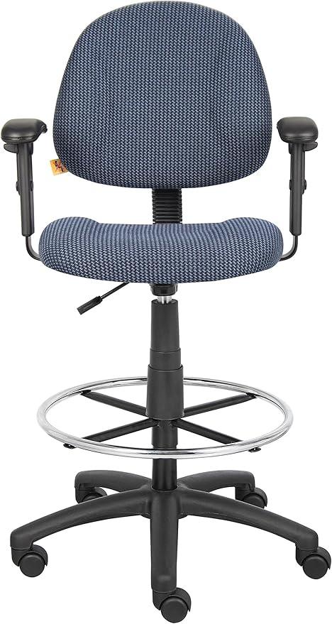 BOWERY HILL Contemporary Rolling Fabric Drafting Stool, Adjustable Height with Arms, Blue Finish, Contoured Back and Seat, Chrome Footring, Dual-Wheel Casters, Home or Office Use, 25" W x 25" D x