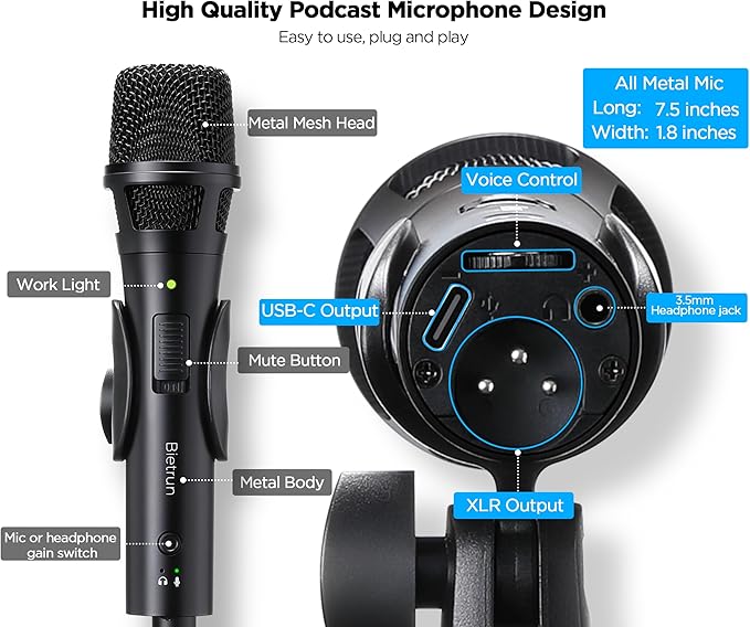 Xlr Usb Dynamic Microphone for Singing Recording, Metal Dynamic Studio Singing Recording Microphone with Mic Gain, Desktop Stand, Pop Filter, Headphone Jack, for PC, Audio Interface, Mixer, Mac